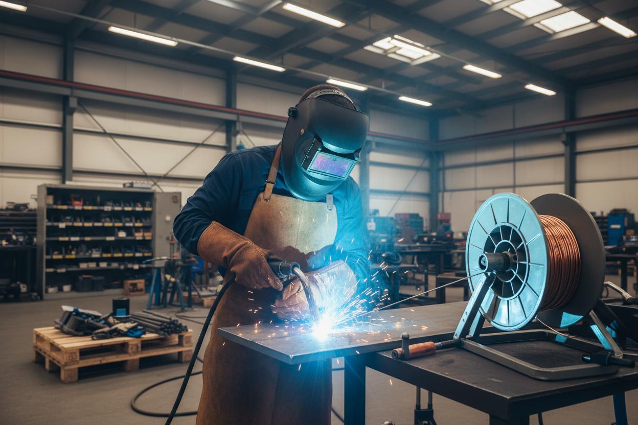 Soldador trabajando en estructura metálica